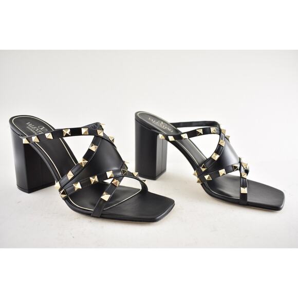Valentino Rockstud Crisscross Leather Black Strappy Pump Block Heel Sandal 38.5 - Picture 4 of 14
